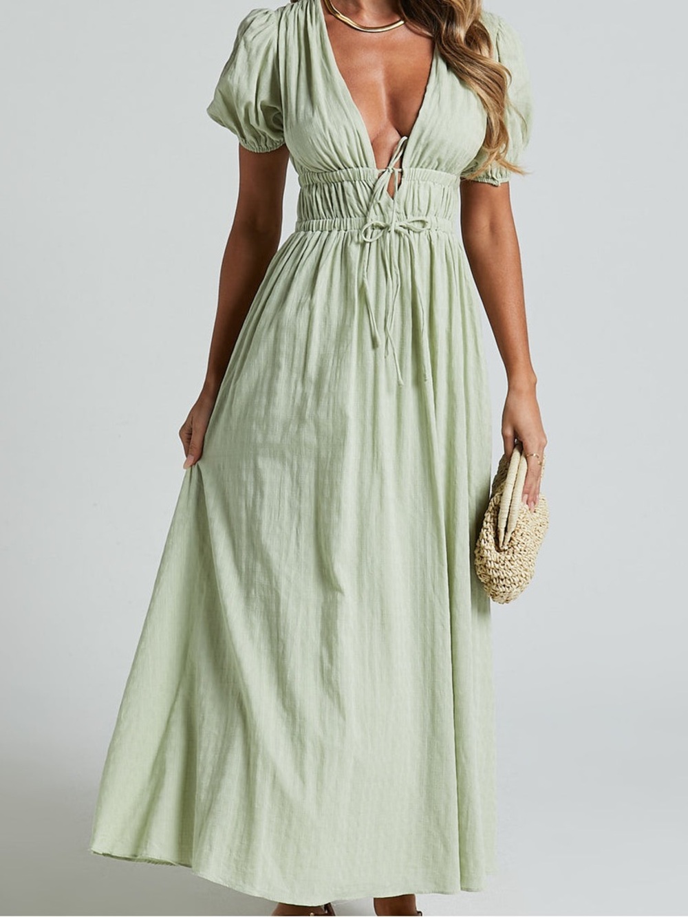 Smocked Waist Maxi Dress in Sage Green